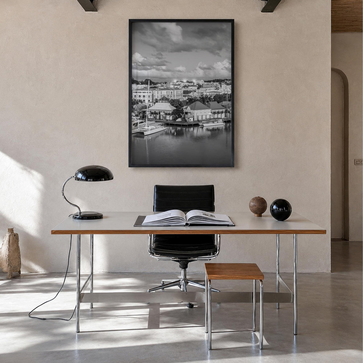 Saint John black & white photo poster of United States Virgin Islands – vertical wall art in black wood frame, hanging on wal