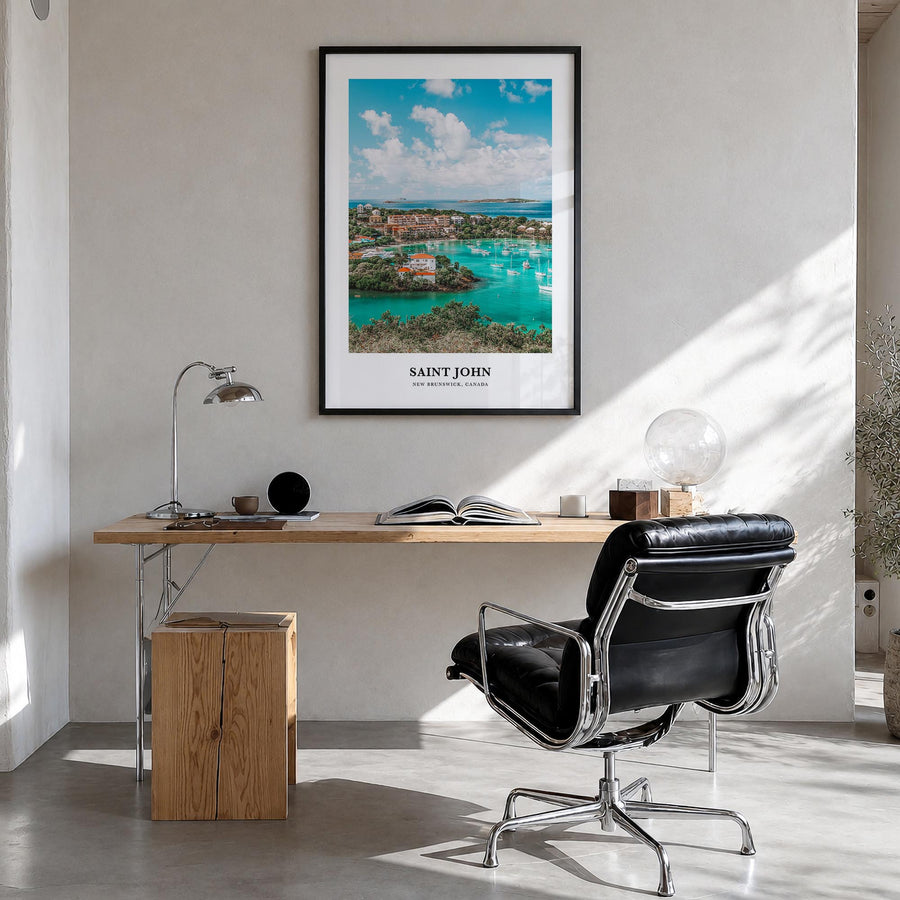 Saint John colorful classic poster of United States Virgin Islands – vertical wall art in black wood frame, hanging on wall