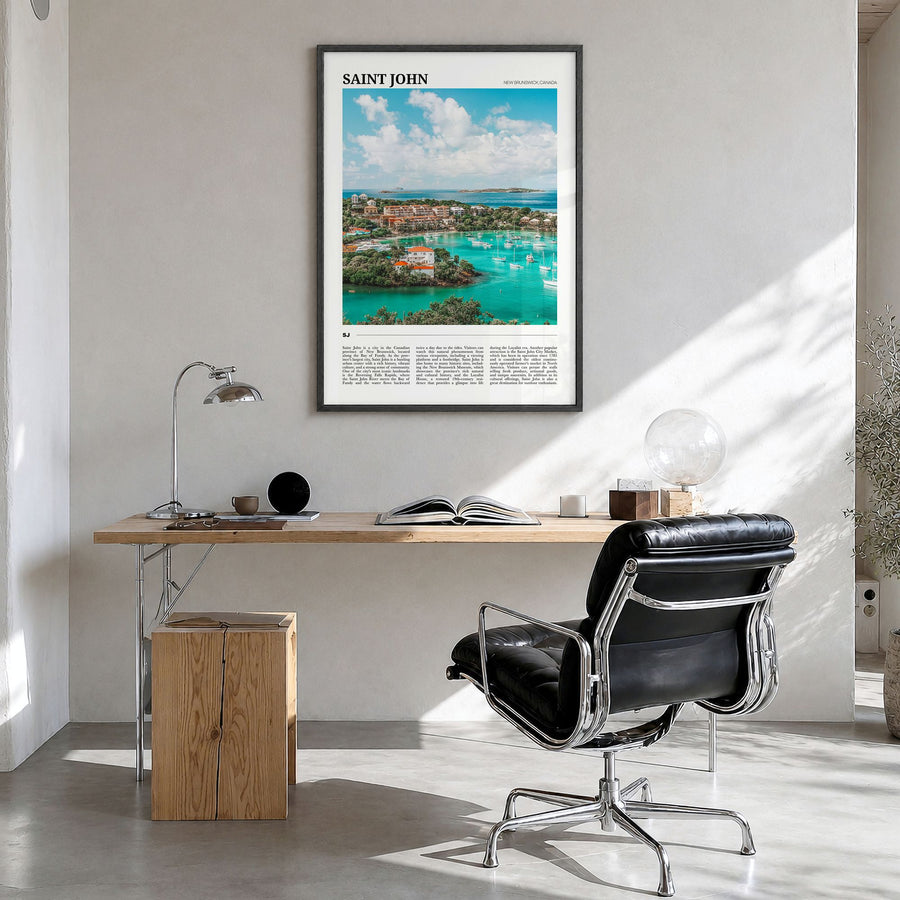 Saint John Travel Poster in a black wood frame, hanging in a bright home office