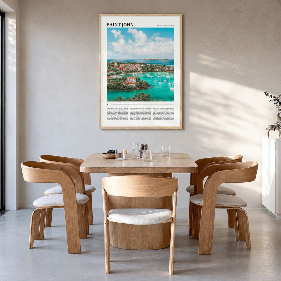 Saint John Travel Poster in a natural wood frame, hanging in a dining room