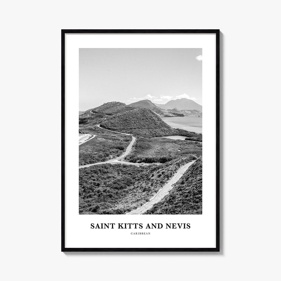 Saint Kitts and Nevis black & white classic poster of Caribbean – vertical wall art, unframed print shown in interior mockup