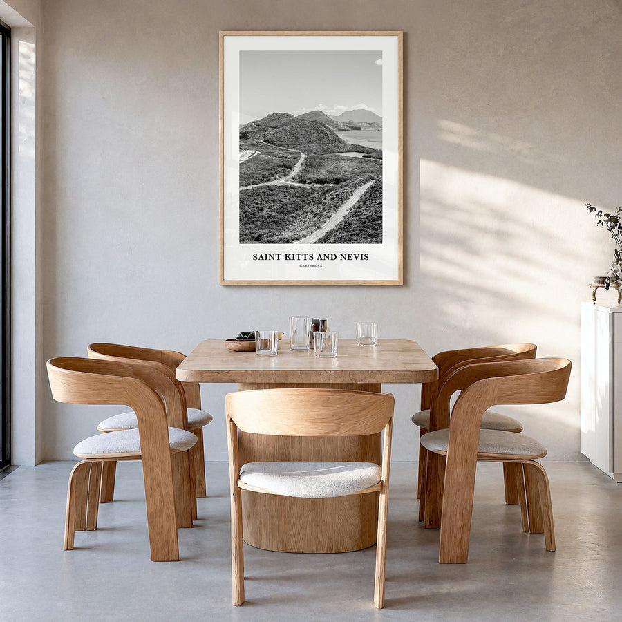 Saint Kitts and Nevis Classic Poster in a natural wood frame, hanging in a dining room