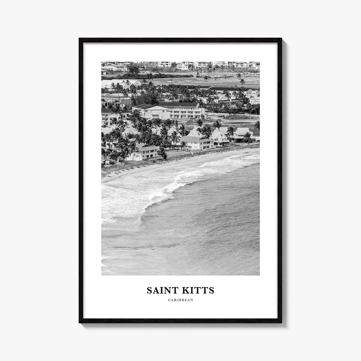 Saint Kitts black & white classic poster of Saint Kitts and Nevis – vertical wall art, unframed print shown in interior mocku