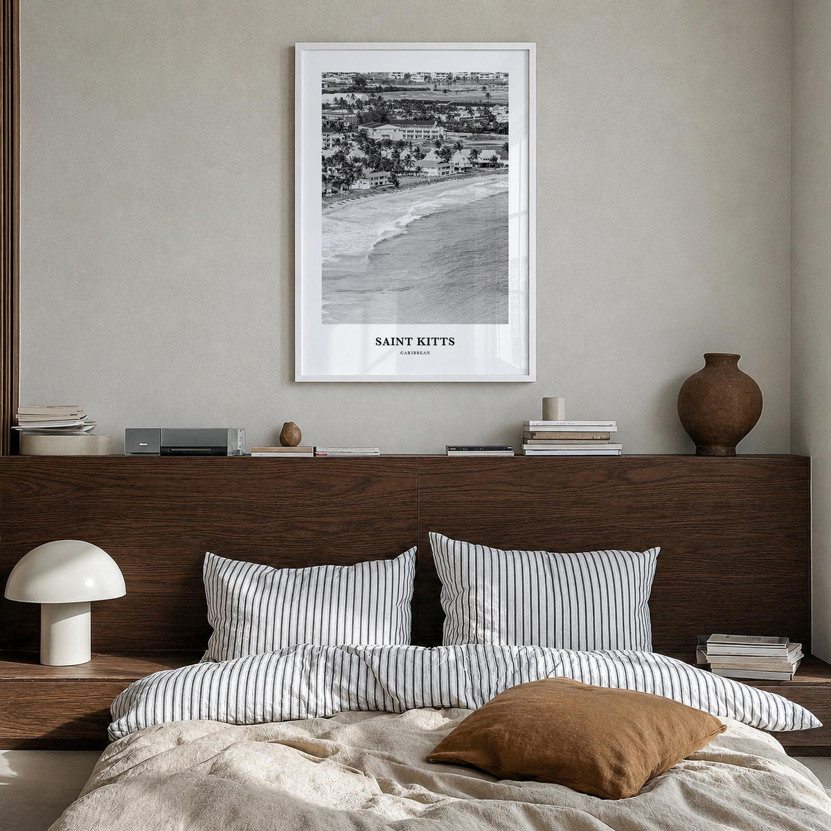 Saint Kitts black & white classic poster of Saint Kitts and Nevis – vertical wall art in white wood frame, hanging on wall