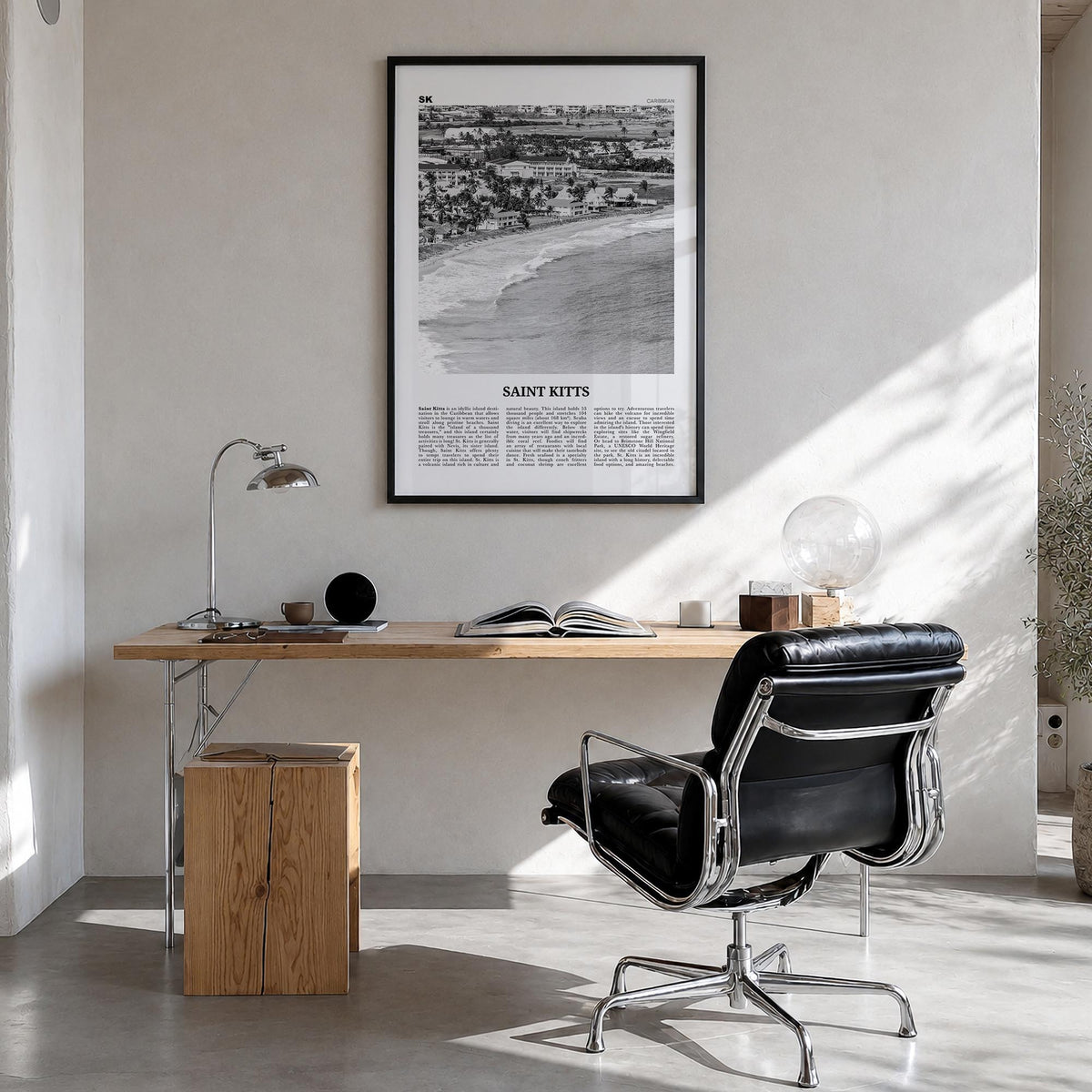 Saint Kitts black & white newspaper poster of Saint Kitts and Nevis – vertical wall art in black wood frame, hanging on wall