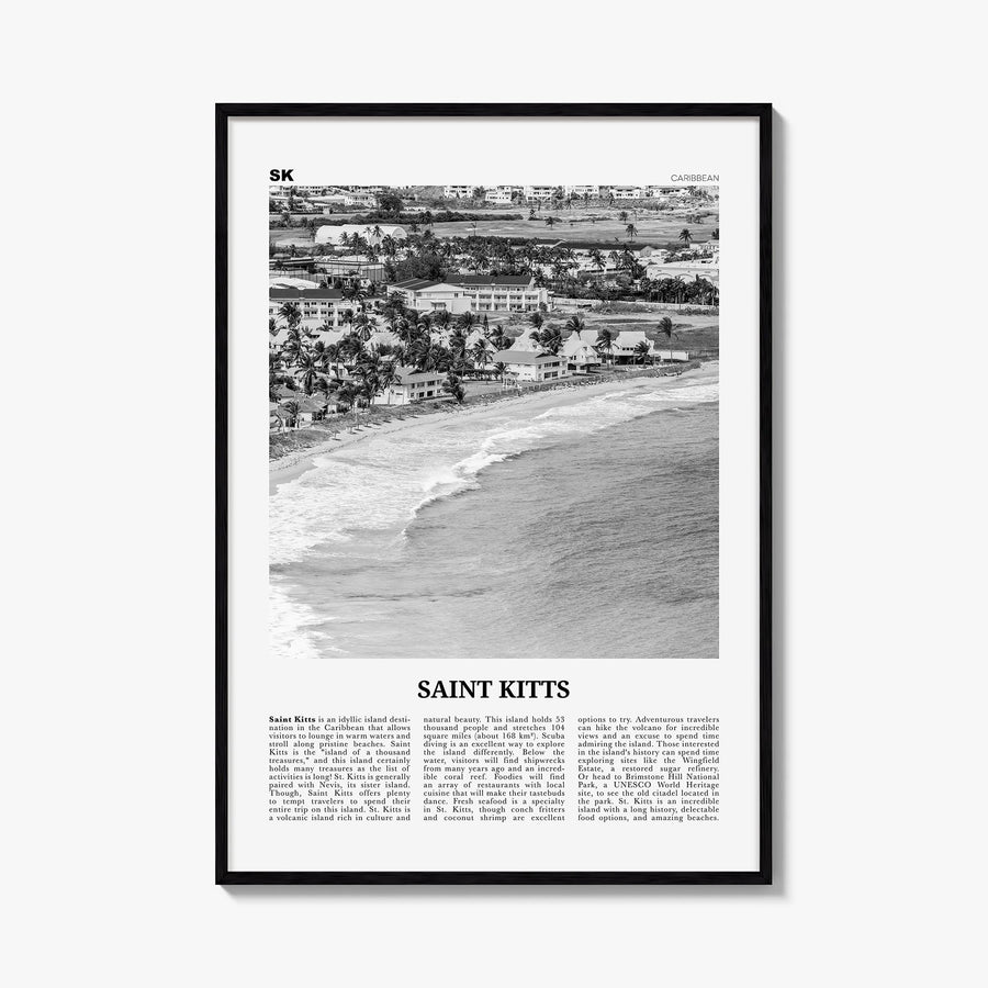 Saint Kitts black & white newspaper poster of Saint Kitts and Nevis – vertical wall art, unframed print shown in interior moc