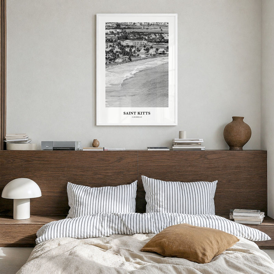 Saint Kitts Classic Poster in a white wood frame, hanging in a bedroom