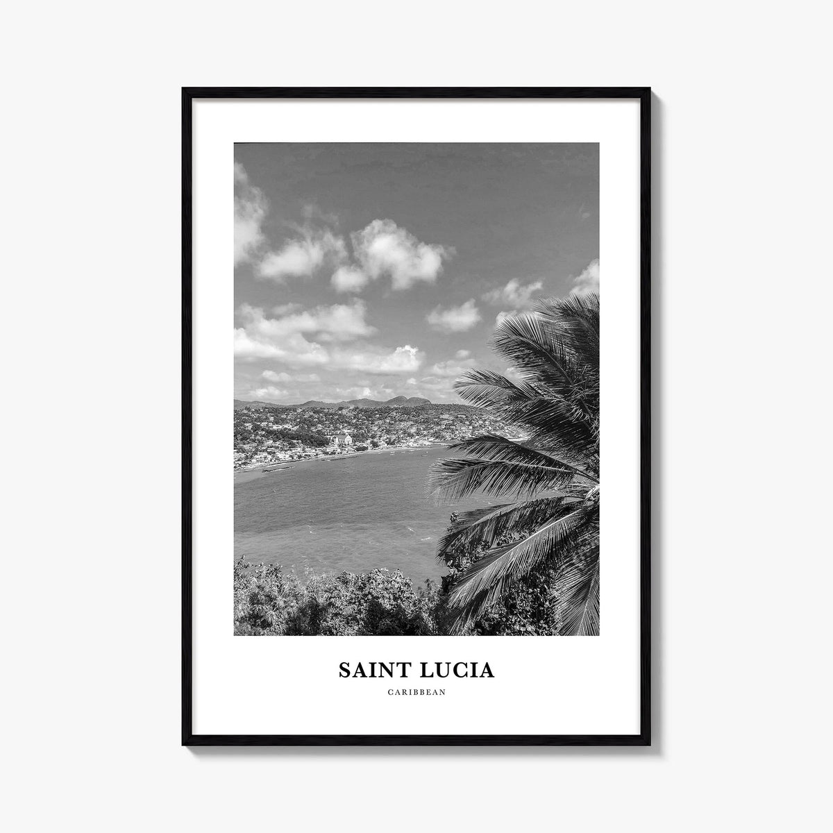 Saint Lucia black & white classic poster of Caribbean – vertical wall art, unframed print shown in interior mockup