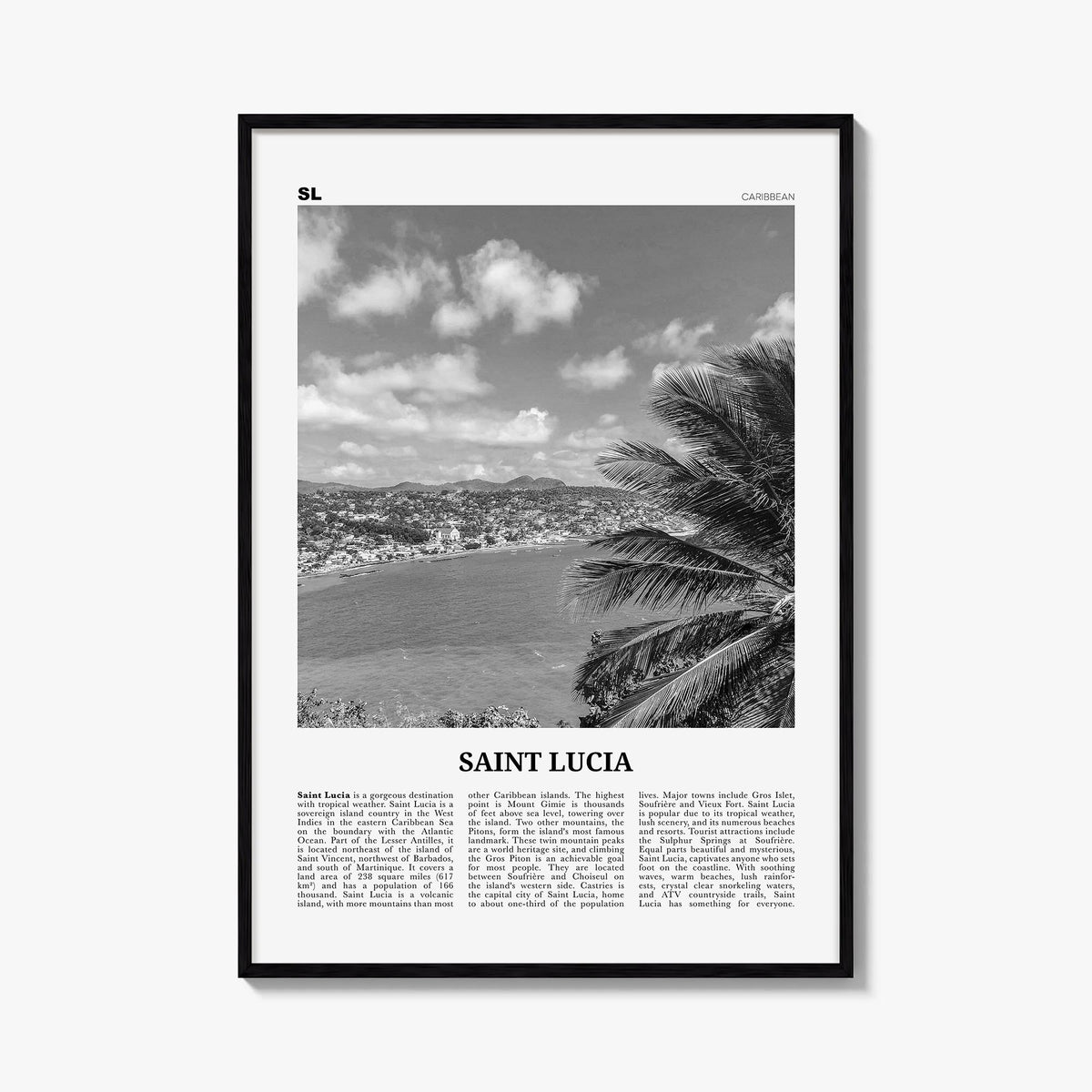 Saint Lucia black & white newspaper poster of Caribbean – vertical wall art, unframed print shown in interior mockup
