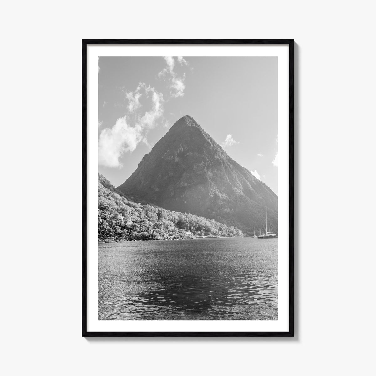 Saint Lucia black & white photo poster of Caribbean – vertical wall art, unframed print shown in interior mockup