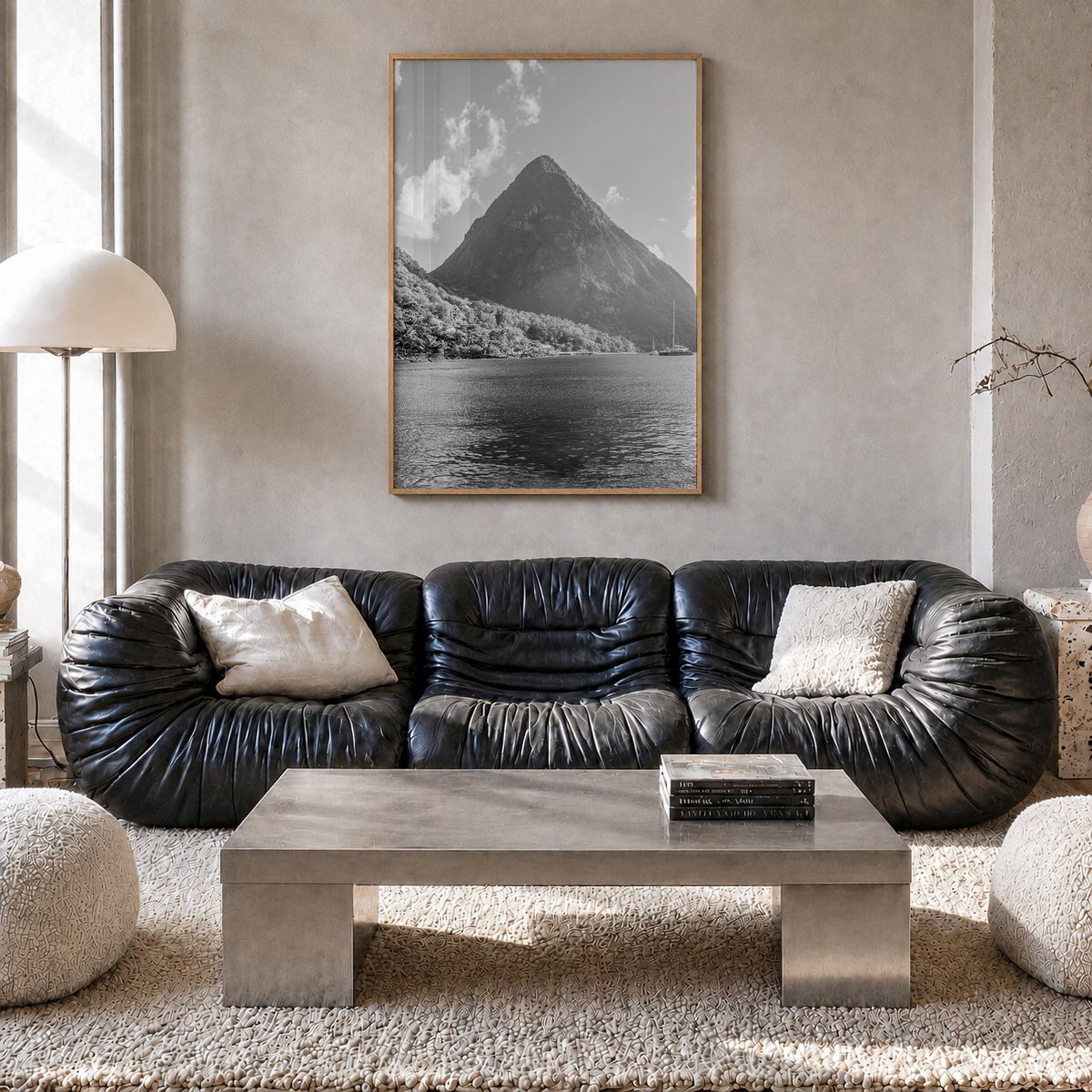 Saint Lucia black & white photo poster of Caribbean – vertical wall art in natural wood frame, hanging on wall