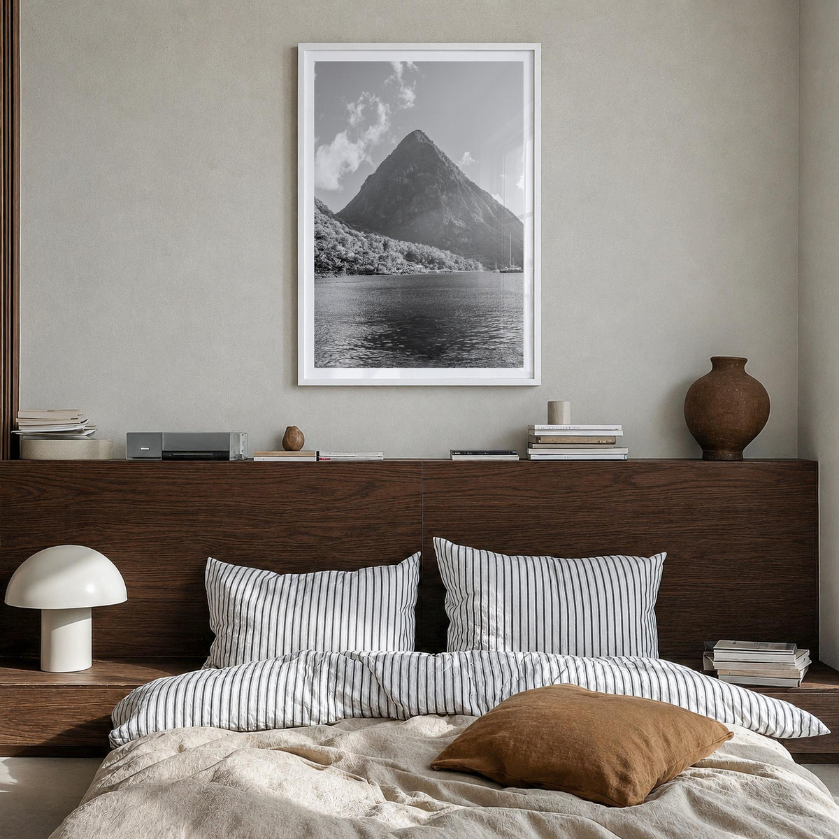 Saint Lucia black & white photo poster of Caribbean – vertical wall art in white wood frame with white border, hanging on wal