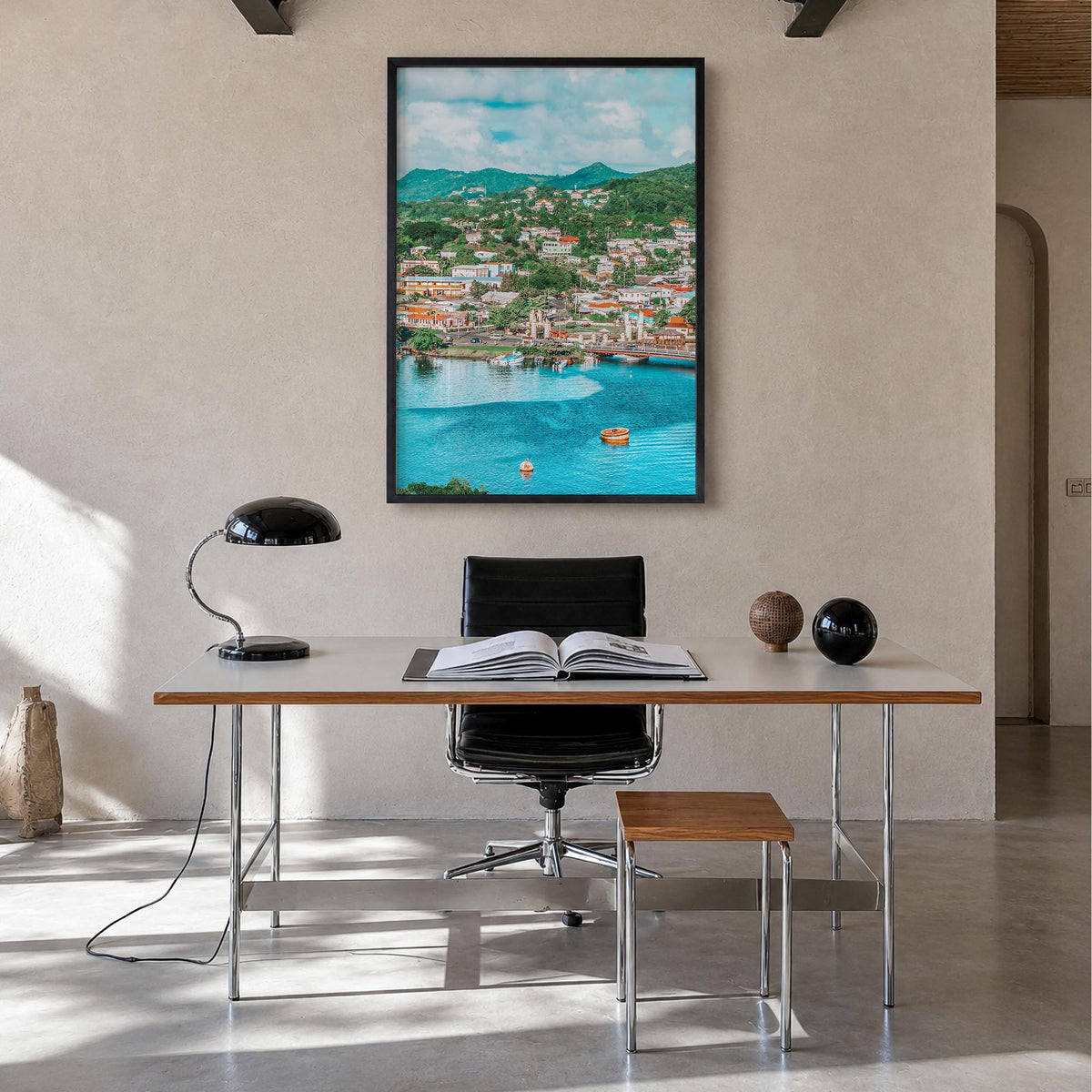 Saint Lucia colorful photo poster of Caribbean – vertical wall art in black wood frame, hanging on wall