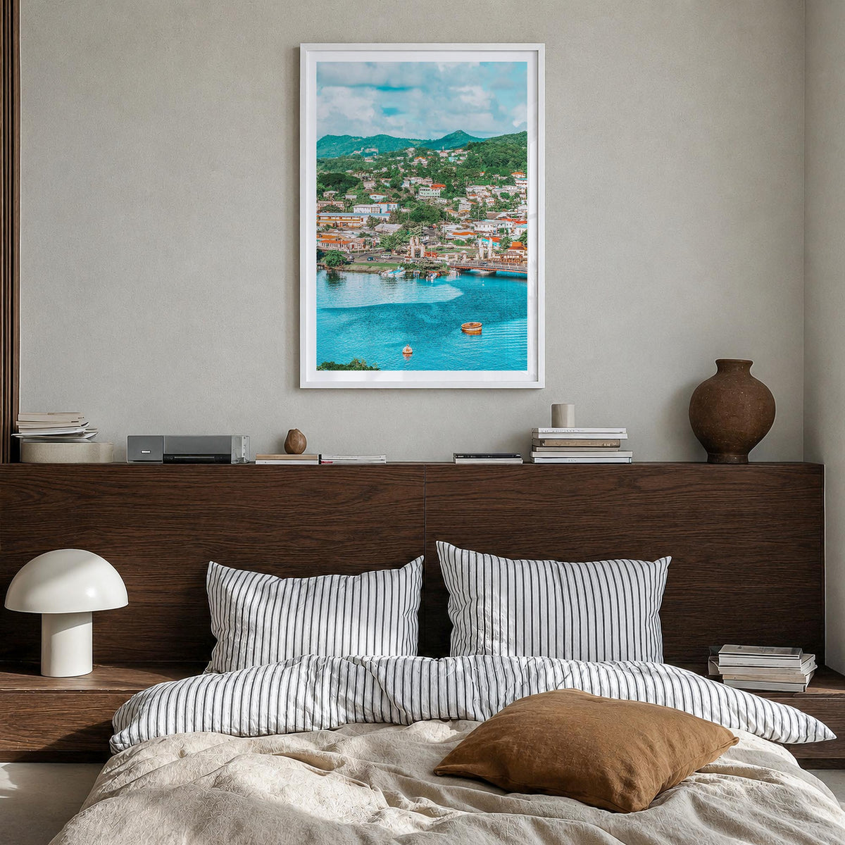 Saint Lucia colorful photo poster of Caribbean – vertical wall art in white wood frame with white border, hanging on wall