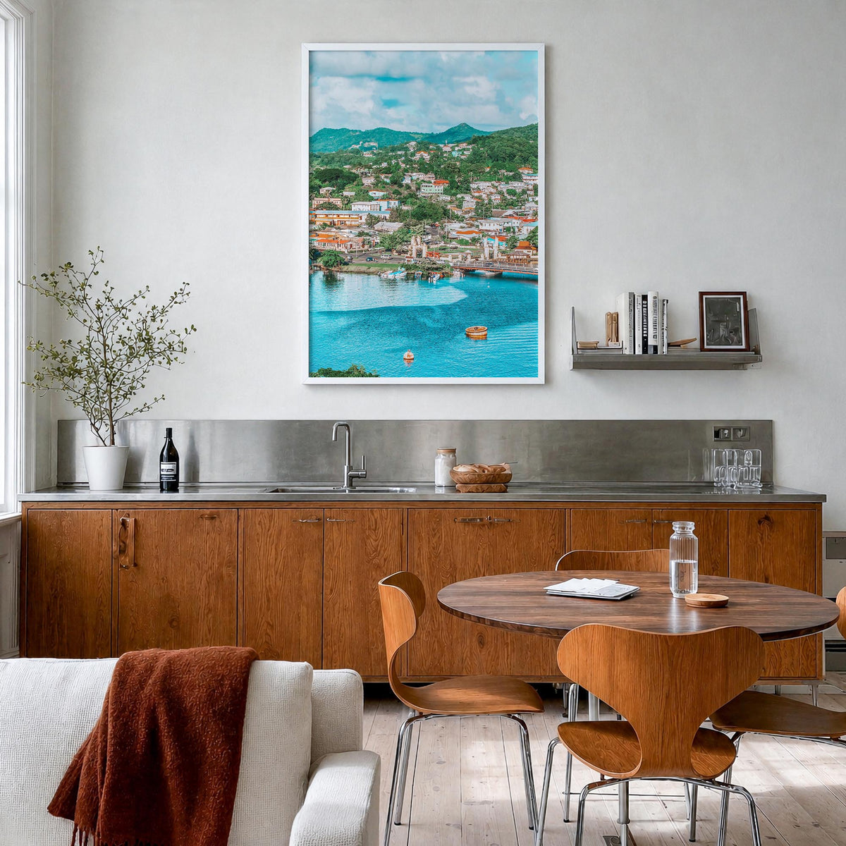 Saint Lucia colorful photo poster of Caribbean – vertical wall art in white wood frame, hanging on wall