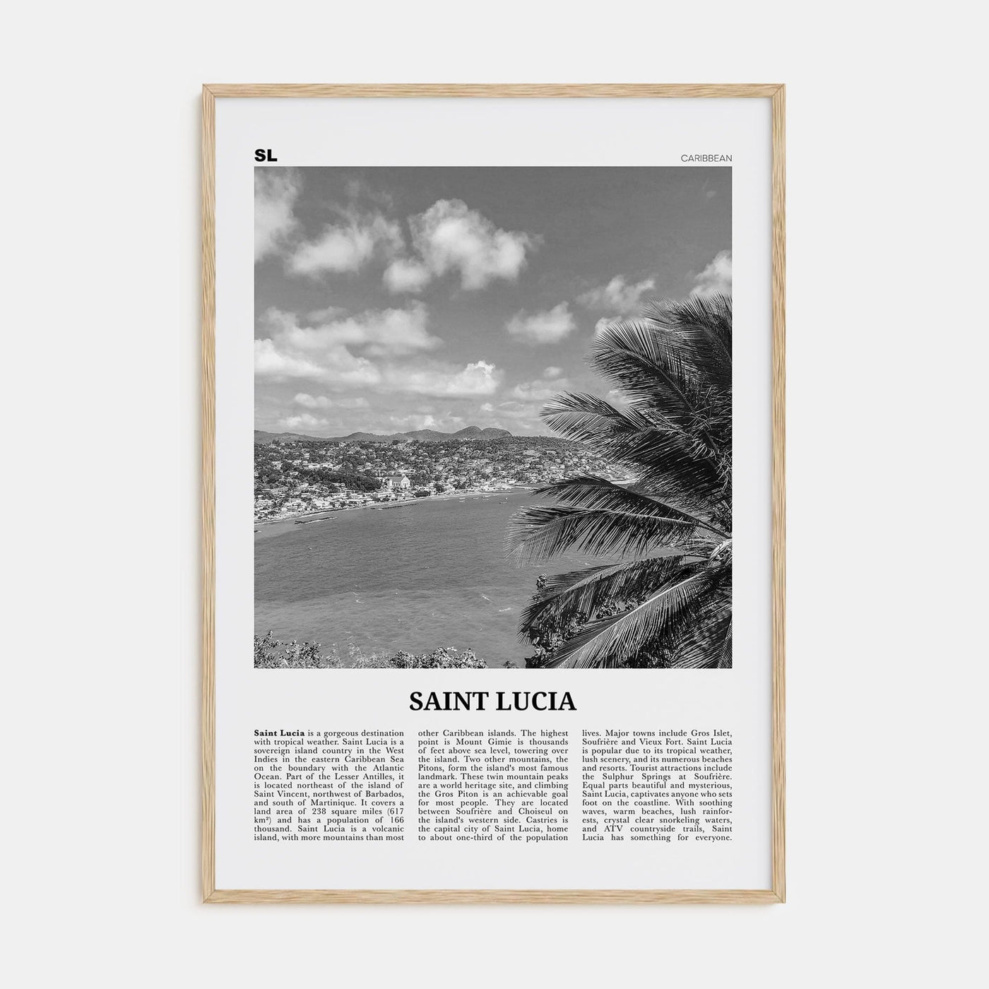 Saint Lucia Poster Natural Wood / 8x12 in Nbourhood Travel B&W Poster