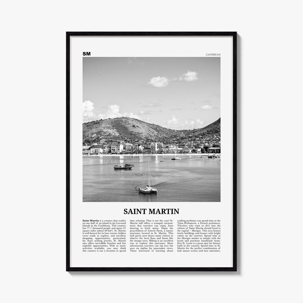Saint Martin black & white newspaper poster of Caribbean – vertical wall art, unframed print shown in interior mockup