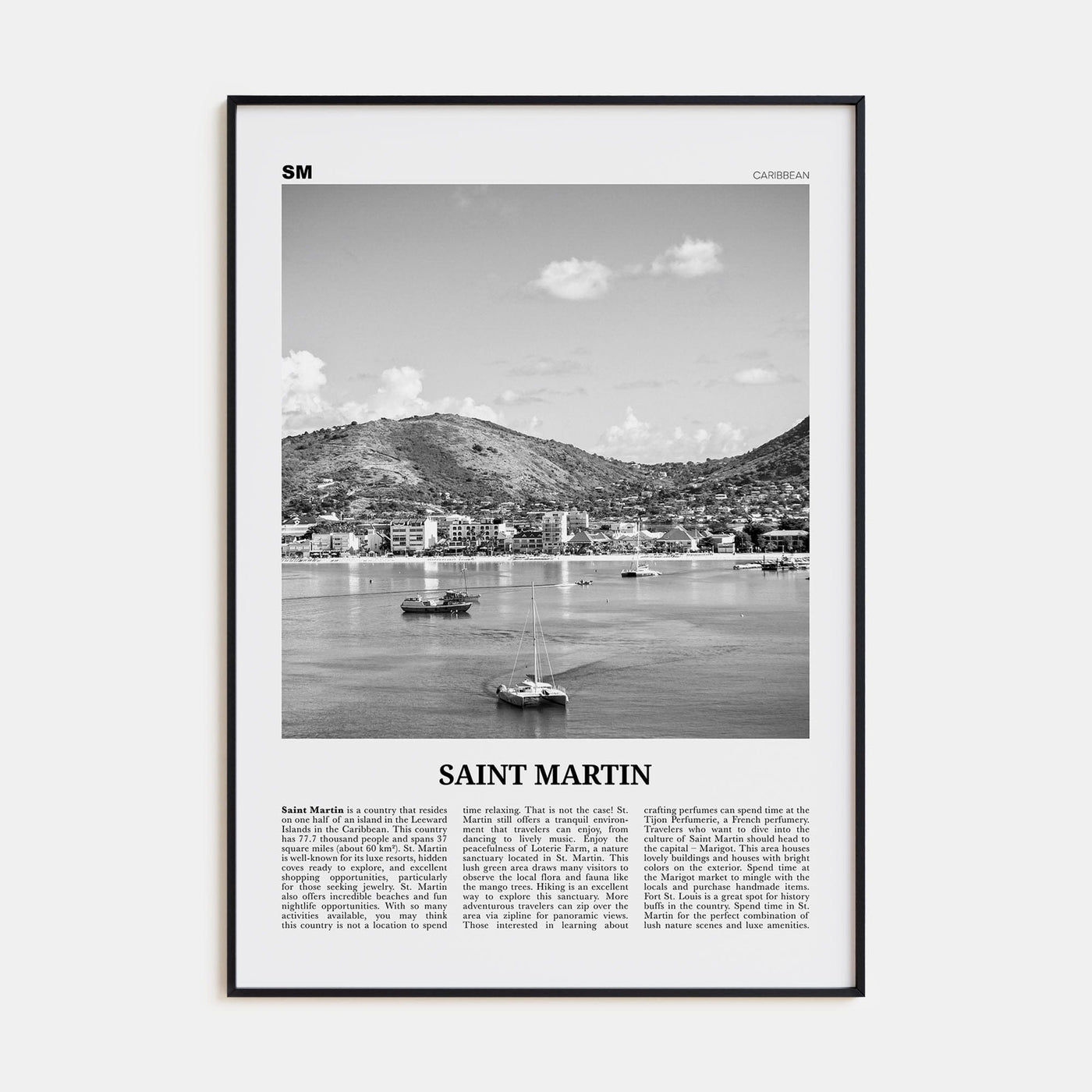 Saint Martin Poster Black Metal / 8x12 in Nbourhood Travel B&W Poster