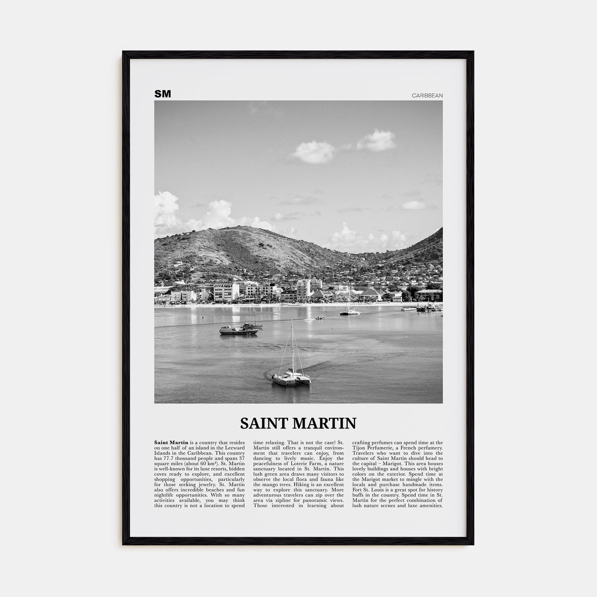 Saint Martin Poster Black Wood / 8x12 in Nbourhood Travel B&W Poster