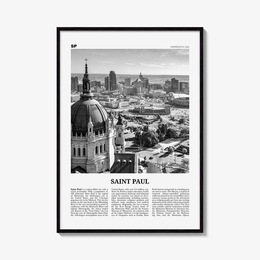 Saint Paul black & white newspaper poster of Minnesota, USA – vertical wall art, unframed print shown in interior mockup