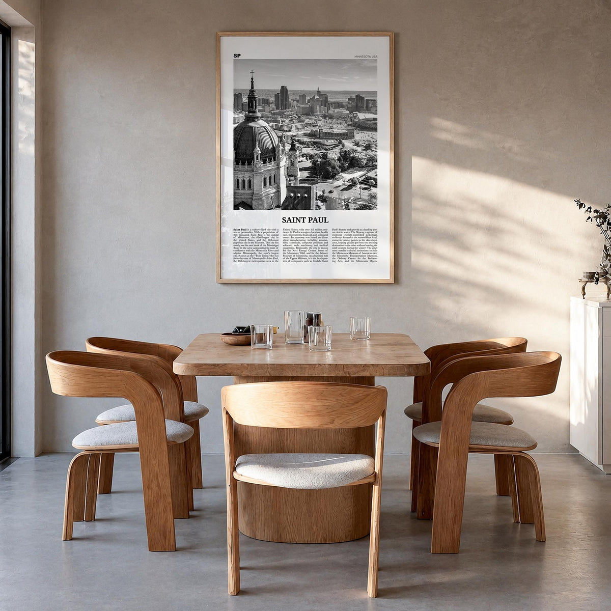 Saint Paul black & white newspaper poster of Minnesota, USA – vertical wall art in natural wood frame, hanging on wall