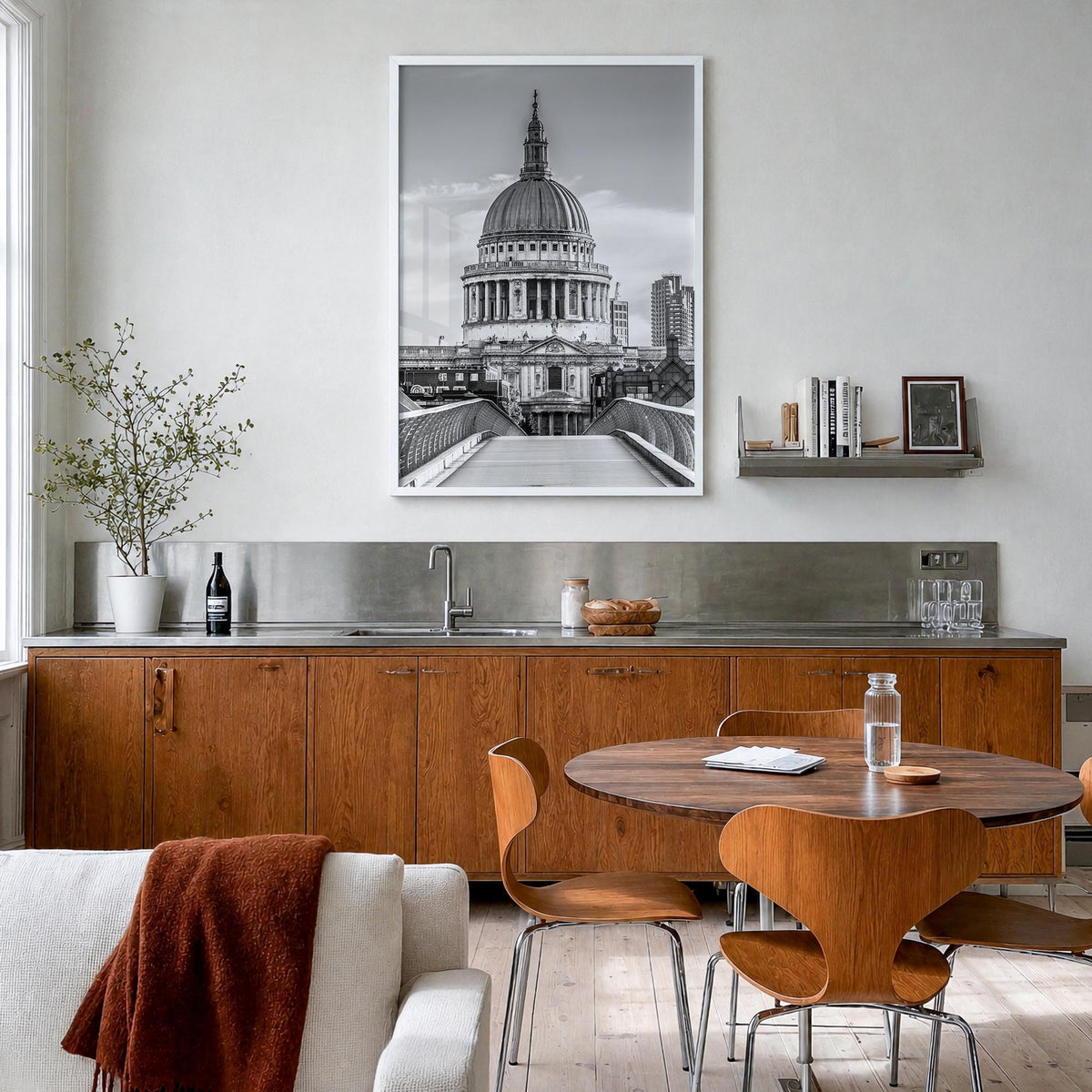 Saint Paul black & white photo poster of Minnesota, USA – vertical wall art in white wood frame, hanging on wall