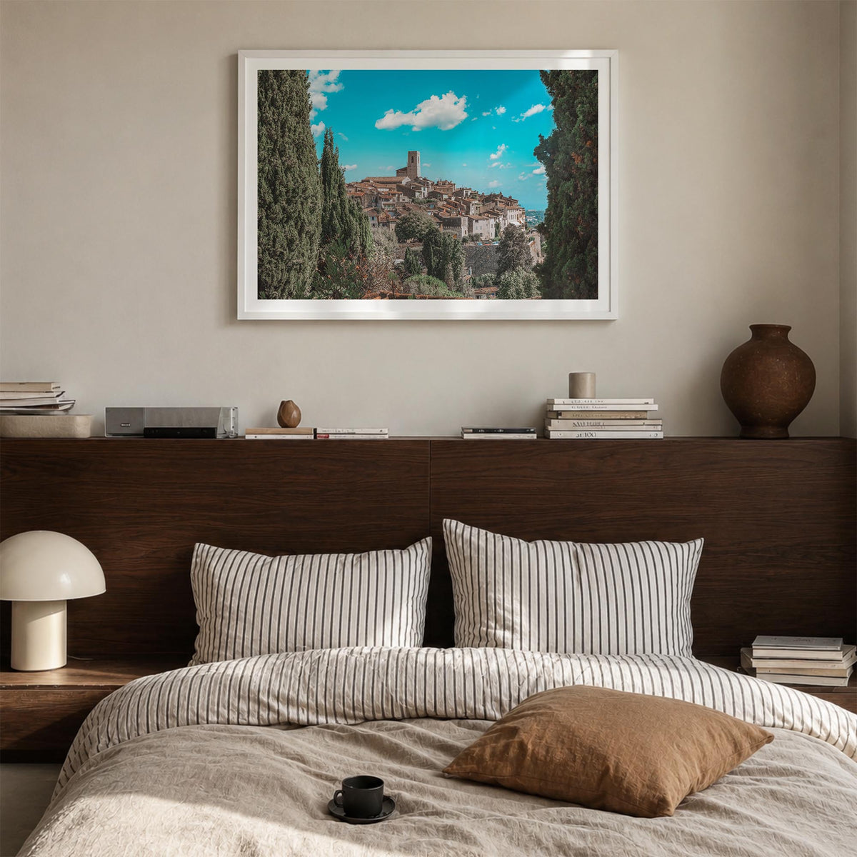 Saint Paul colorful photo poster of Minnesota, USA – horizontal wall art in white wood frame with white border, hanging on wa