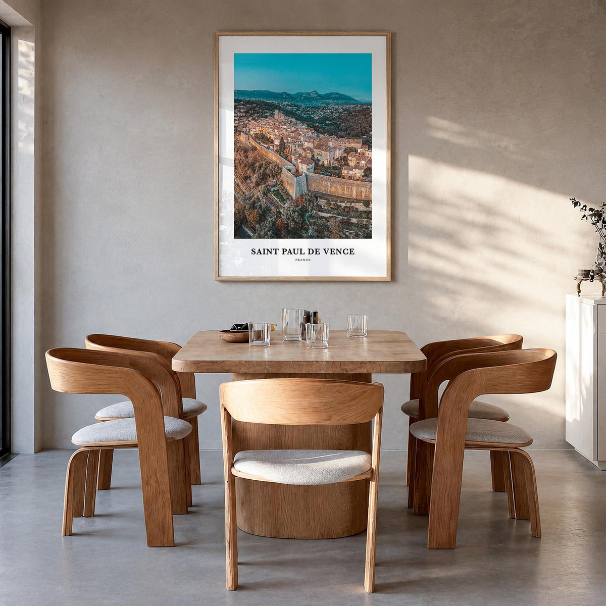 Saint-Paul-de-Vence colorful classic poster of France – vertical wall art in natural wood frame, hanging on wall