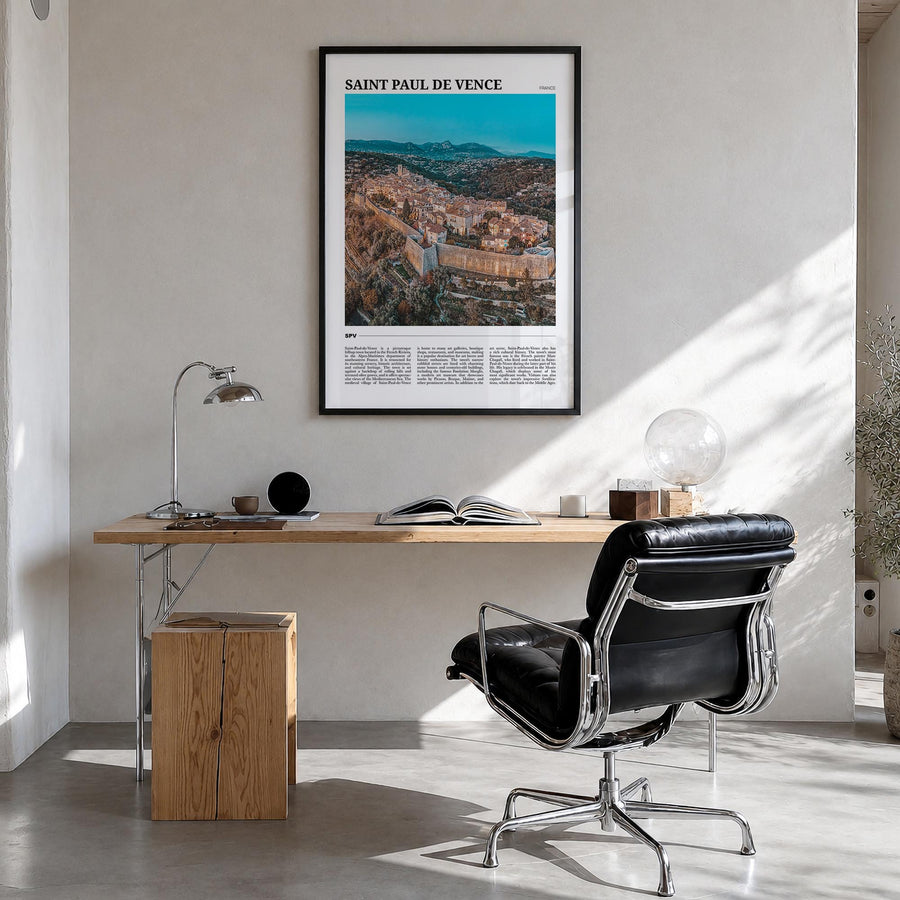 Saint-Paul-de-Vence colorful travel poster of France – vertical wall art in black wood frame, hanging on wall