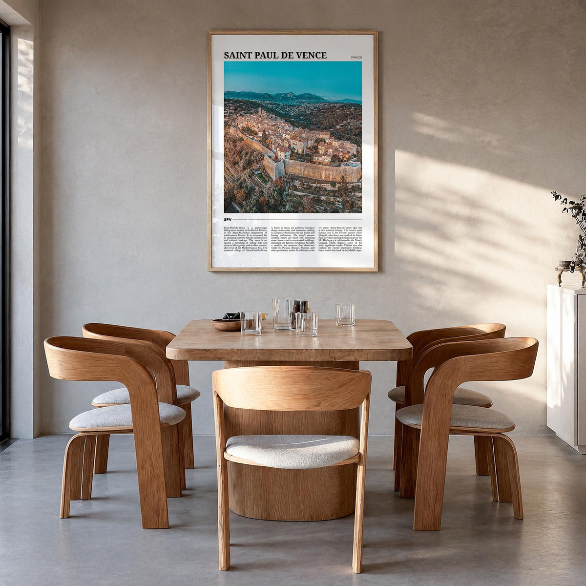 Saint-Paul-de-Vence colorful travel poster of France – vertical wall art in natural wood frame, hanging on wall