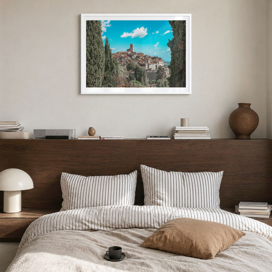 Saint Paul Photo Poster in a white wood frame, hanging in a bedroom, white border