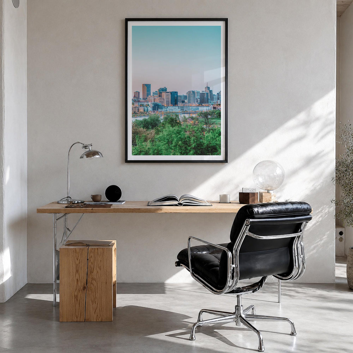 Saint Paul no. 1 colorful photo poster of Minnesota, USA – vertical wall art in black wood frame with white border, hanging o