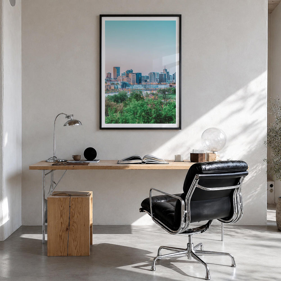 Saint Paul no. 1 colorful photo poster of Minnesota, USA – vertical wall art in black wood frame with white border, hanging o