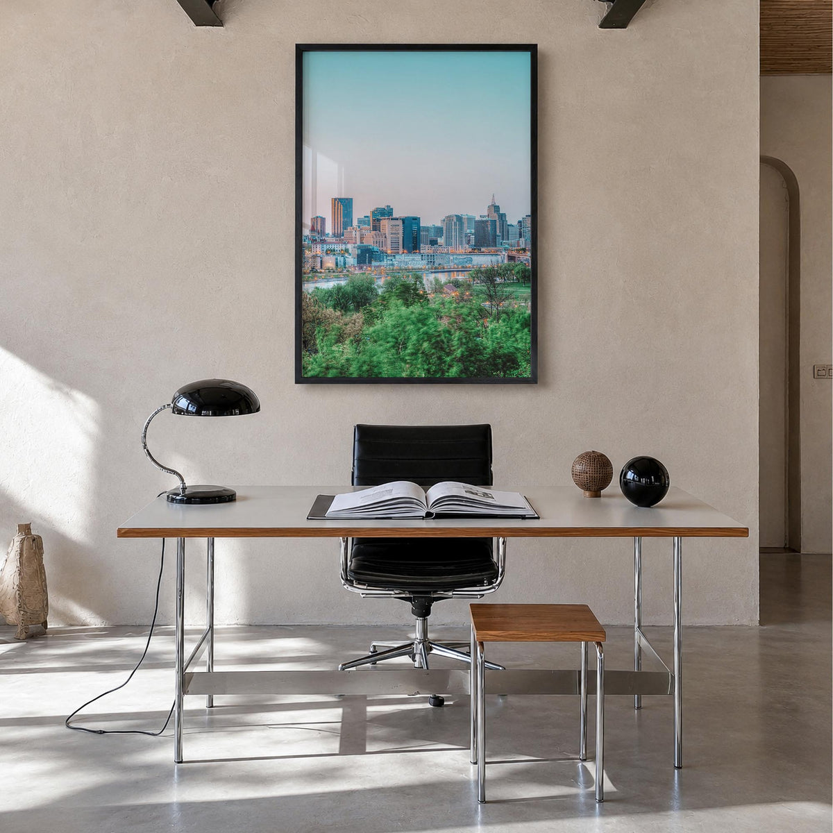 Saint Paul no. 1 colorful photo poster of Minnesota, USA – vertical wall art in black wood frame, hanging on wall