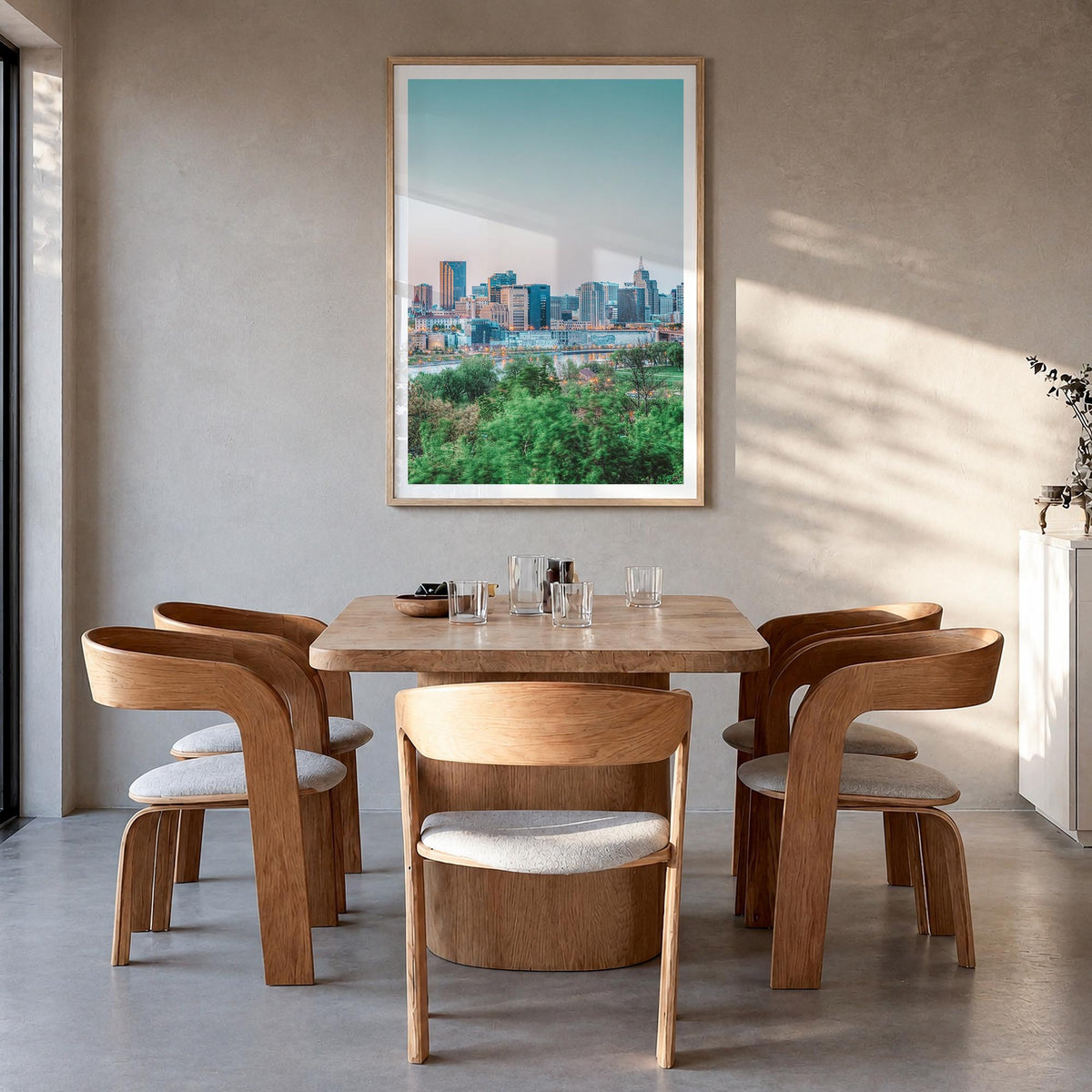Saint Paul no. 1 colorful photo poster of Minnesota, USA – vertical wall art in natural wood frame with white border, hanging