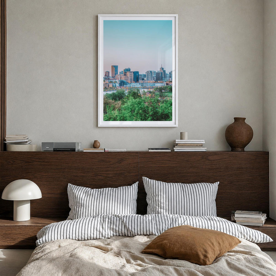 Saint Paul no. 1 colorful photo poster of Minnesota, USA – vertical wall art in white wood frame with white border, hanging o