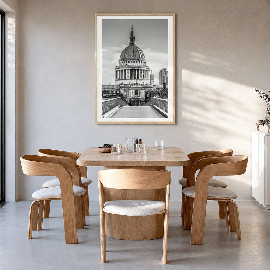 Saint Paul Photo Poster in a natural wood frame, hanging in a dining room, white border