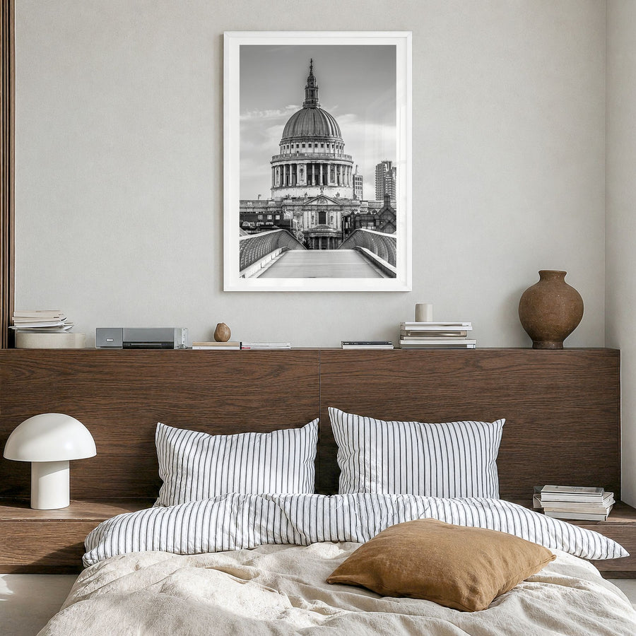 Saint Paul Photo Poster in a white wood frame, hanging in a bedroom, white border