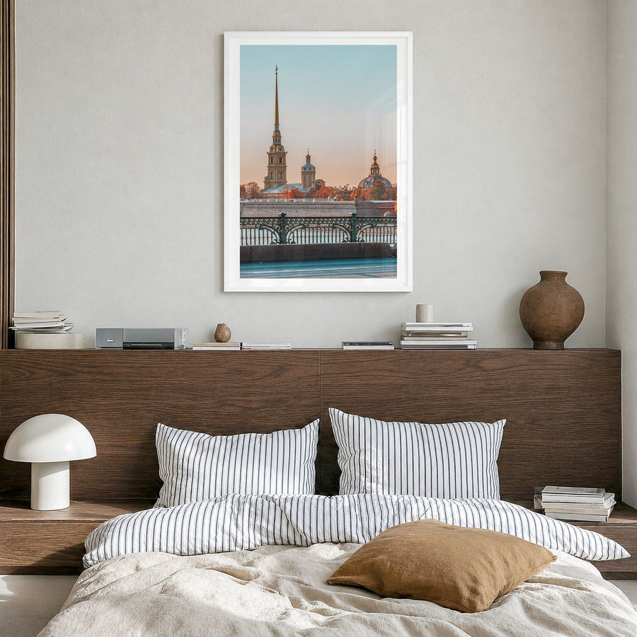 Saint Paul Photo No 2 Poster in a white wood frame, hanging in a bedroom, white border
