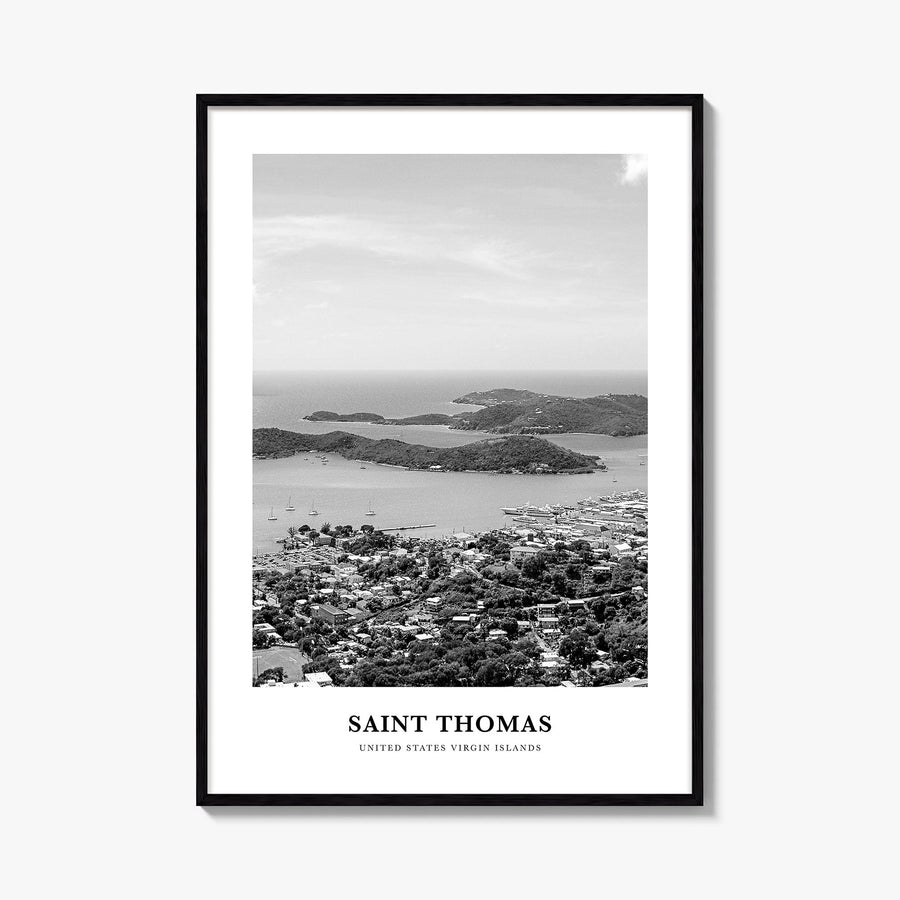 Saint Thomas black & white classic poster of United States Virgin Islands – vertical wall art, unframed print shown in interi