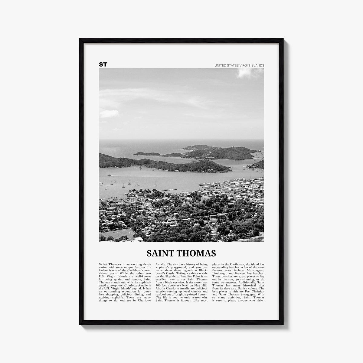 Saint Thomas black & white newspaper poster of United States Virgin Islands – vertical wall art, unframed print shown in inte