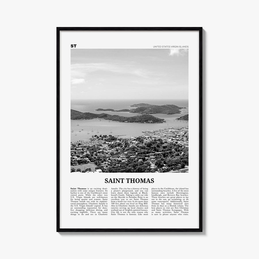 Saint Thomas black & white newspaper poster of United States Virgin Islands – vertical wall art, unframed print shown in inte