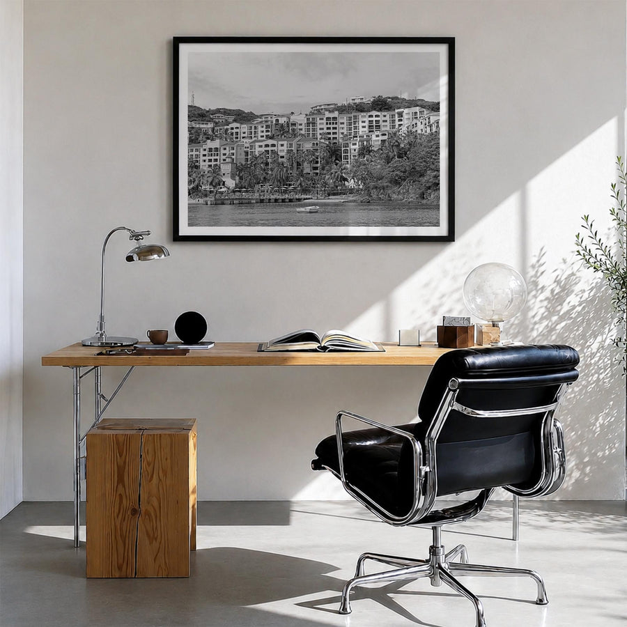 Saint Thomas black & white photo poster of United States Virgin Islands – horizontal wall art in black wood frame with white 