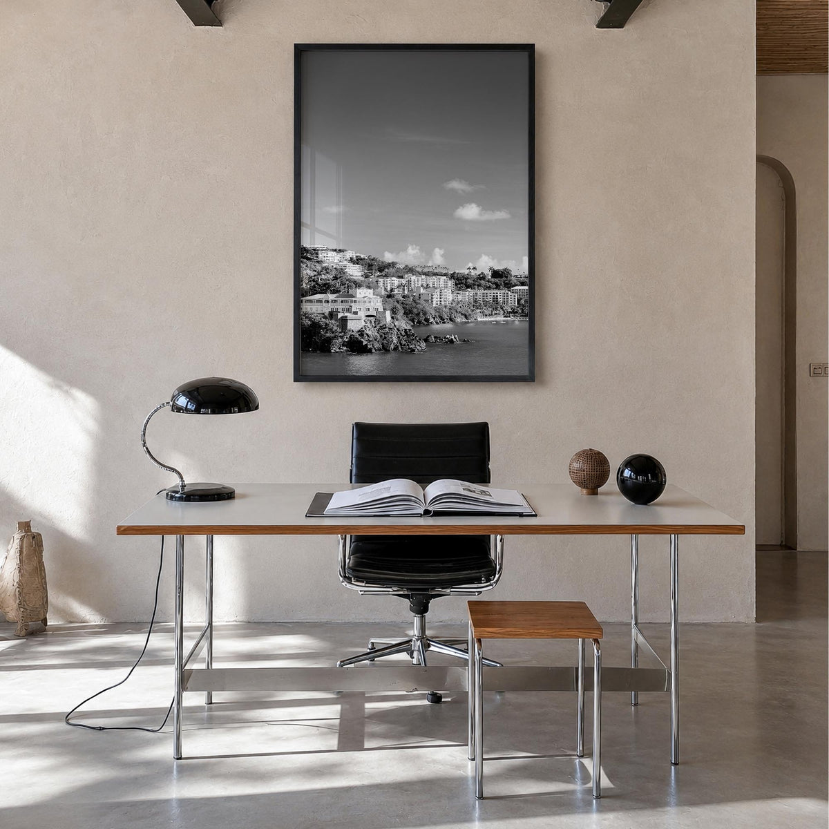 Saint Thomas black & white photo poster of United States Virgin Islands – vertical wall art in black wood frame, hanging on w