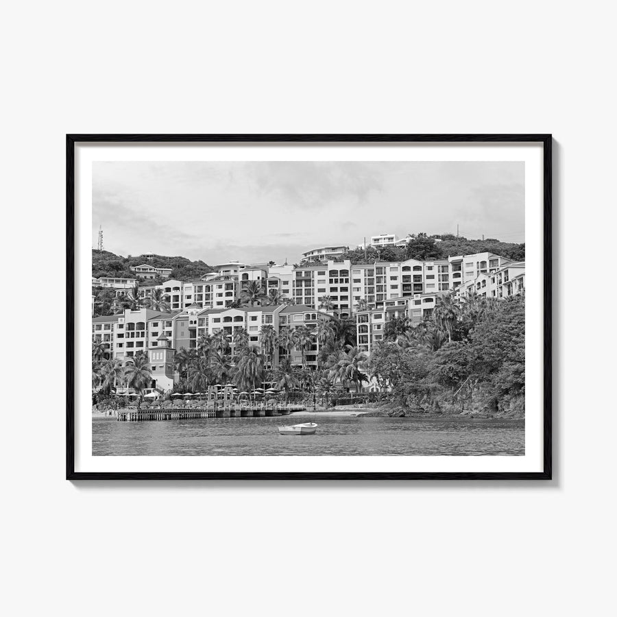 Saint Thomas black & white photo poster of United States Virgin Islands – horizontal wall art, unframed print shown in interi