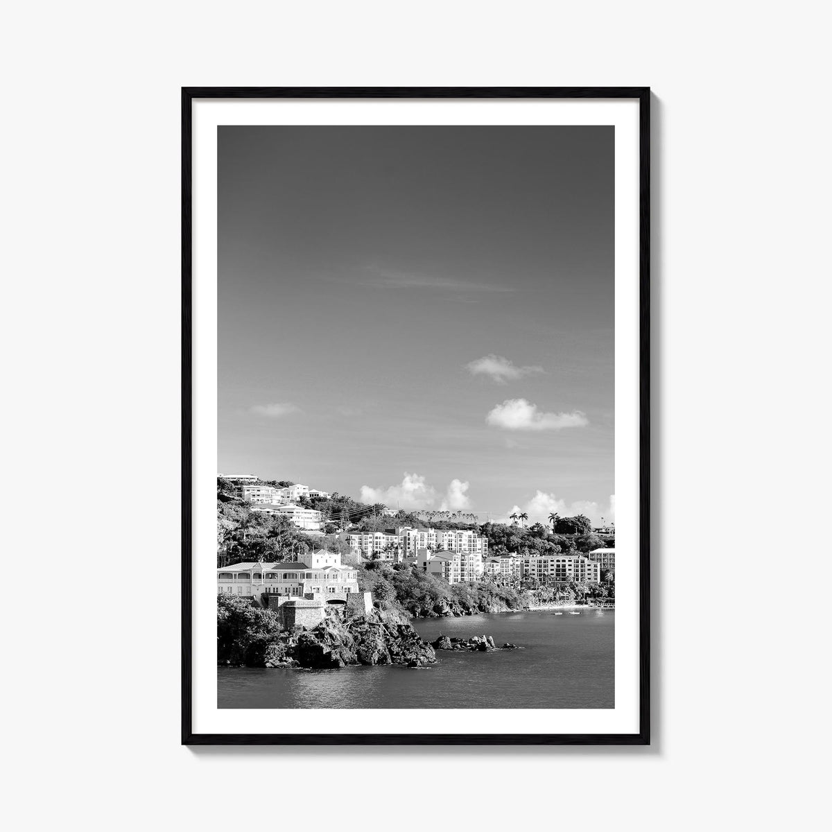 Saint Thomas black & white photo poster of United States Virgin Islands – vertical wall art, unframed print shown in interior