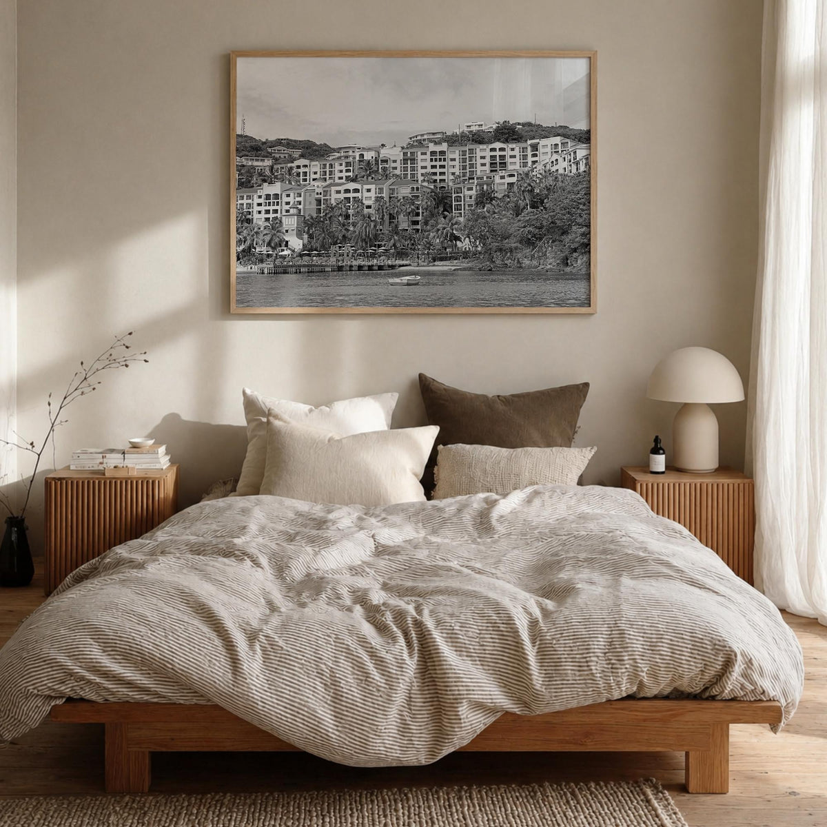 Saint Thomas black & white photo poster of United States Virgin Islands – horizontal wall art in natural wood frame, hanging 