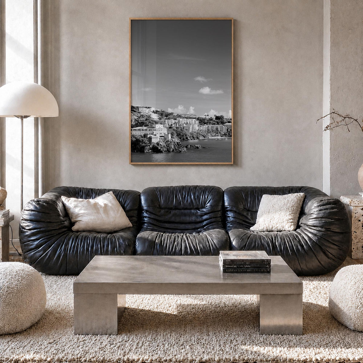 Saint Thomas black & white photo poster of United States Virgin Islands – vertical wall art in natural wood frame, hanging on