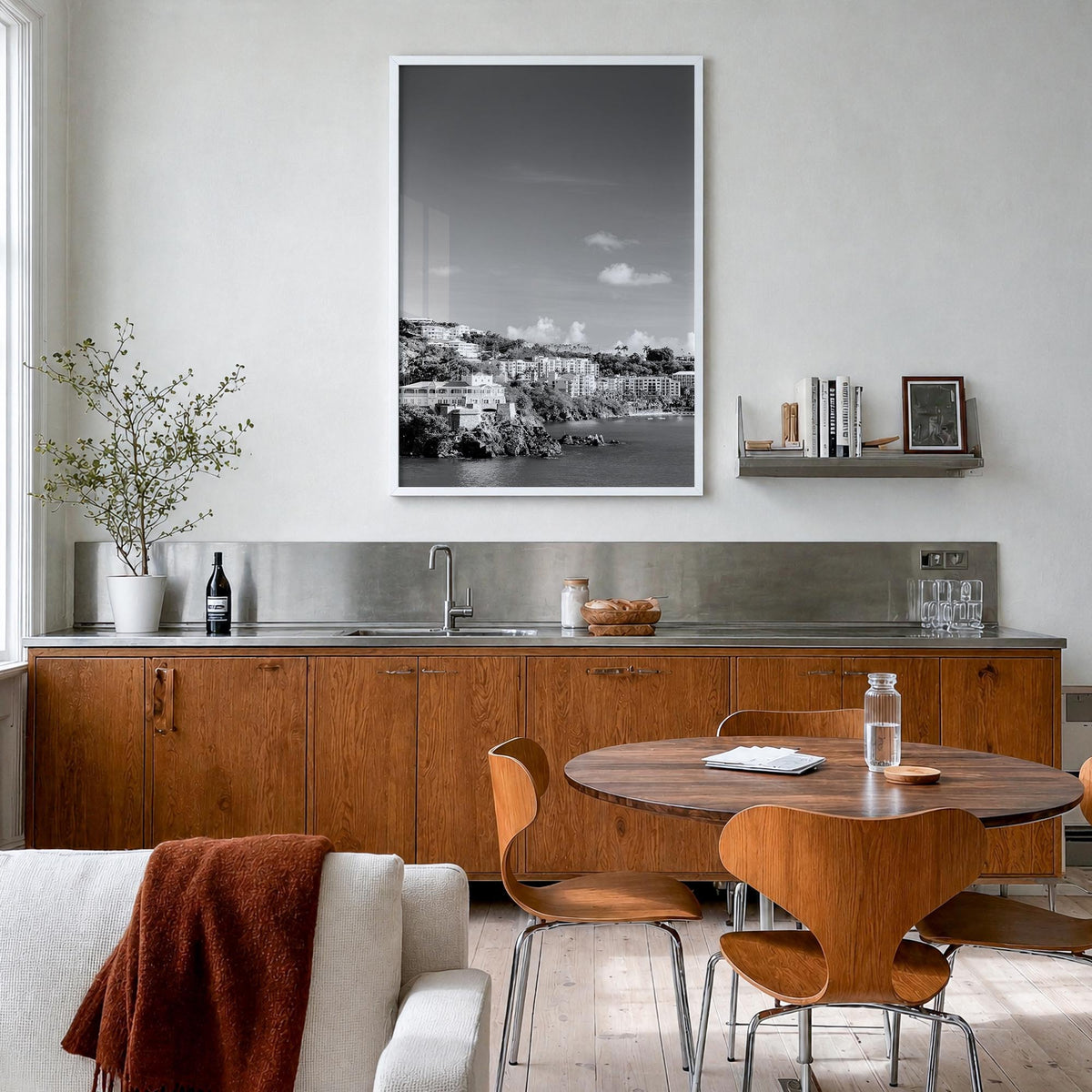 Saint Thomas black & white photo poster of United States Virgin Islands – vertical wall art in white wood frame, hanging on w