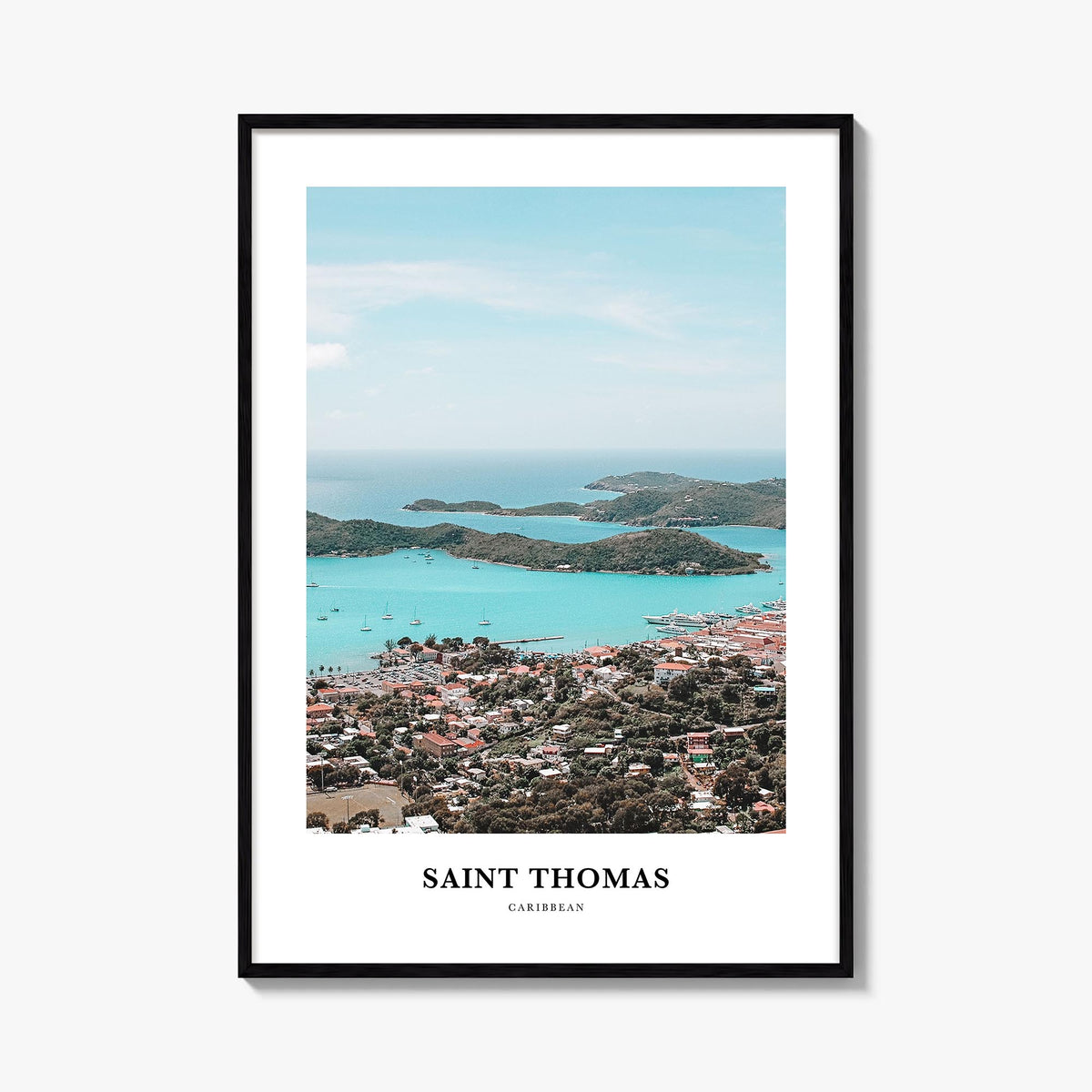 Saint Thomas colorful classic poster of United States Virgin Islands – vertical wall art, unframed print shown in interior mo